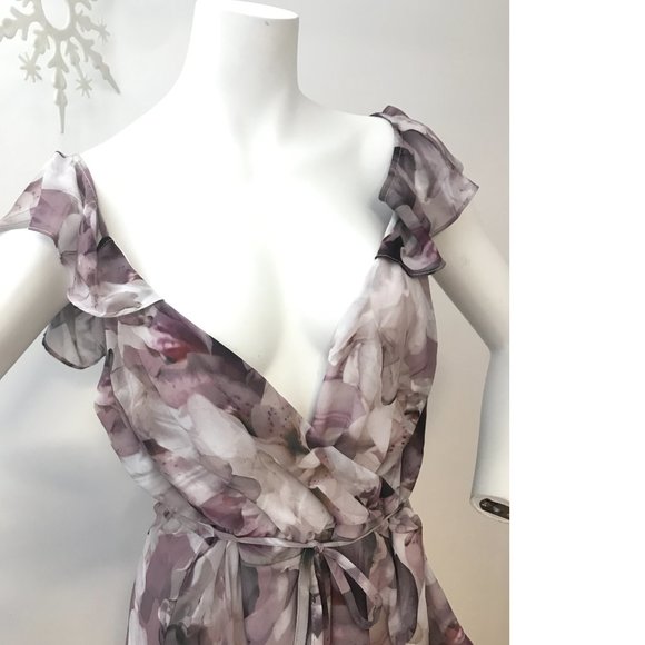 Le Chateau PLUS SIZE Flowy Chiffon Lavender Purple White Ruffle Dress Floral NWT - Picture 11 of 13